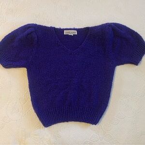 A'Milano Deep Purple V-Neck Chunky Knit Short Sleeved Sweater w/ Shoulder Pads